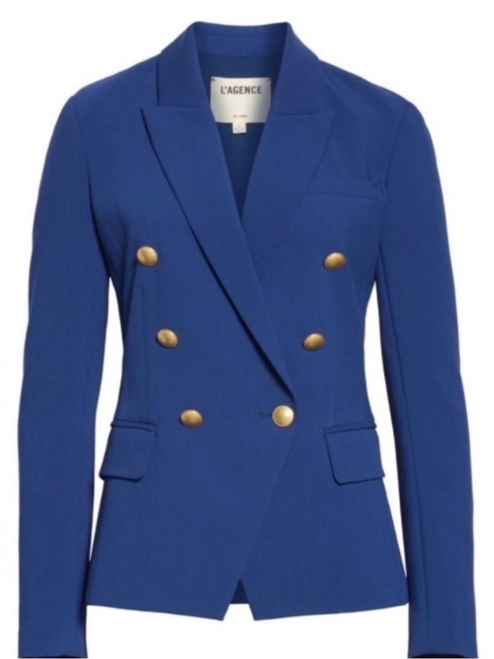 L'AGENCE Kenzie Deep Ocean Blue Double-Breasted Navy Blazer with Gold Buttons